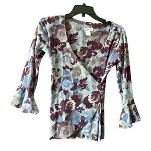 KoKoon  Floral Wrap‎ Top with Bell Sleeves - Burgundy & Blue Rose Print Size S